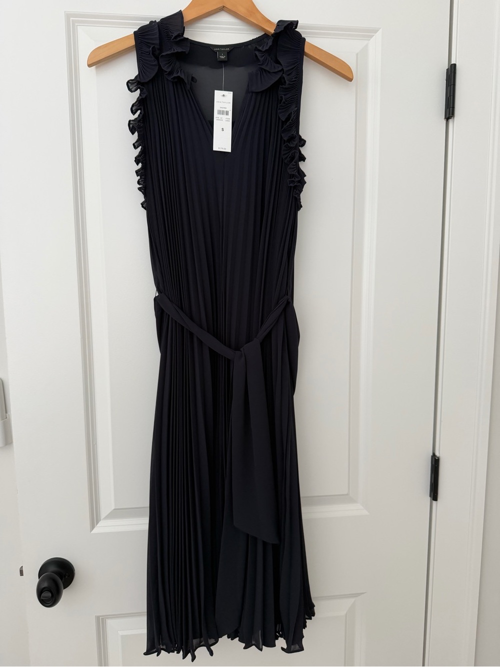 Ann Taylor Navy Pleated Ruffle Midi Dress with Tie Waist
